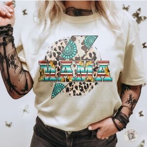 Western 'MAMA' T-Shirt Turquoise Leopard Mama Gtaphic Tee Southwestern Size M